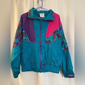 Vtg 80s Abstract Art Flower Bomber Jacket L Colorblock Hip Hop Vaporwave 90s (n)